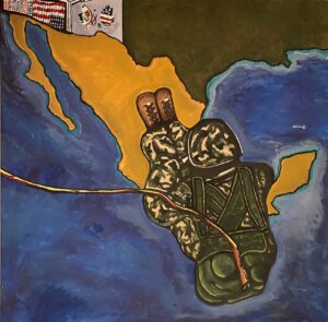 My Deployment To My Country of Origin: Mexico<br>Acrylic paint on stretched canvas<br> 30 x 30 inches <br>Courtesy of the Deported Veterans Mural Project